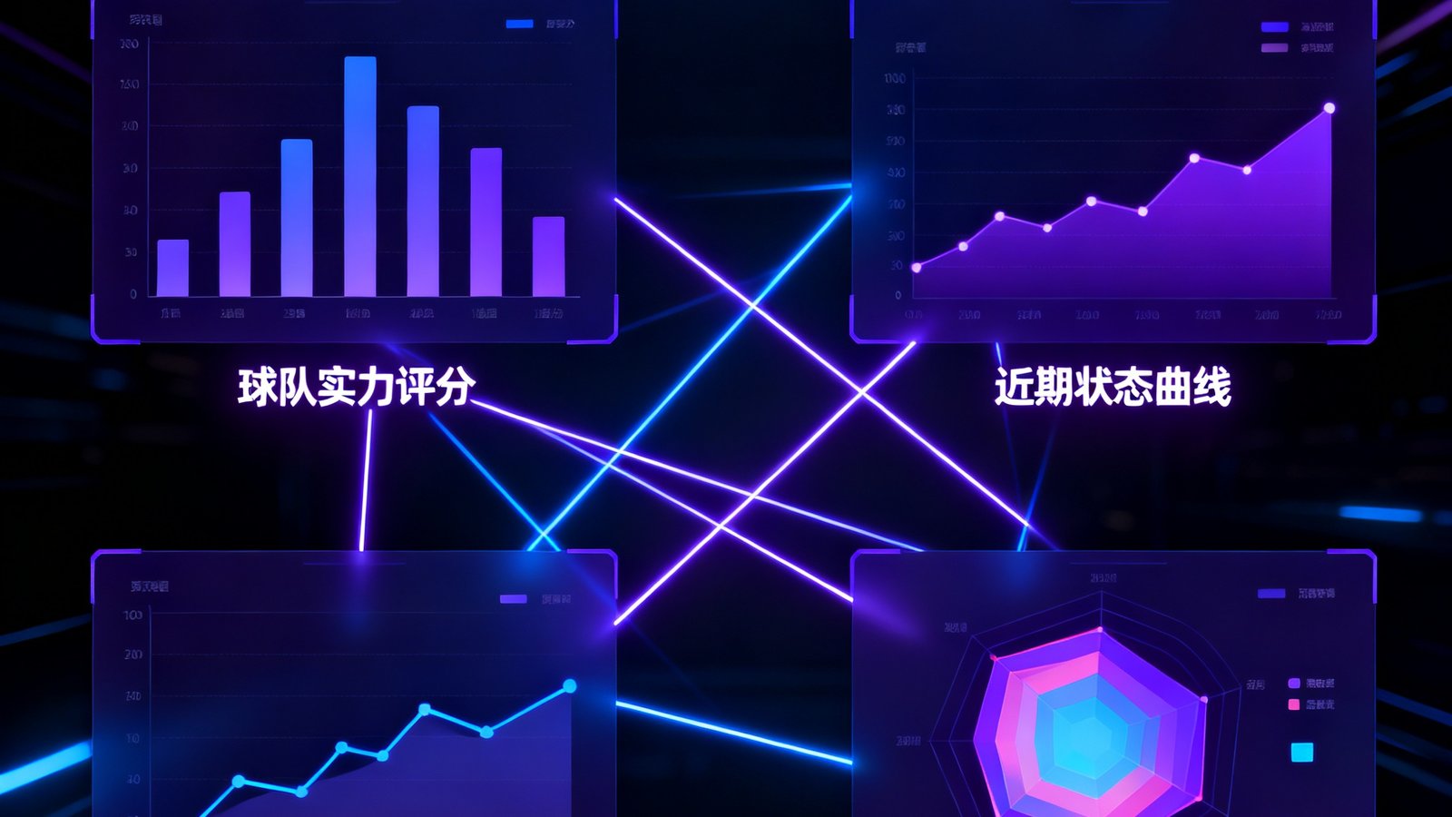 AI智能预测算法的可视化图表，展示多维度数据交叉分析的结果，包括球队实力评分、近期状态曲线、伤病影响因子等，界面设计科技感强，使用深色背景和发光线条。
